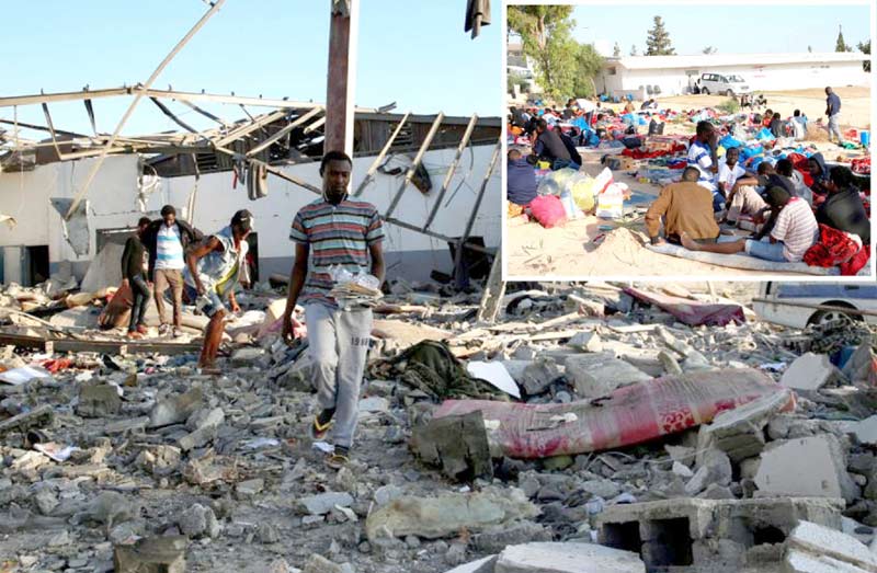 لیبیا: باغی ملیشیا کی بم باری کا نشانہ بننے والا مہاجر کیمپ تباہ ہوگیا ہے‘ زندہ بچ جانے والے کھلے آسمان تلے پڑے ہیں