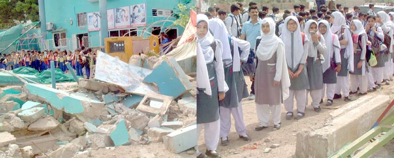 شاہ فیصل کالونی :وائٹ روز گرامر اسکول کی چار دیواری مسمار کرنے پر طالبات محکمہ تجاوزات کے خلاف احتجاج کر رہی ہیں