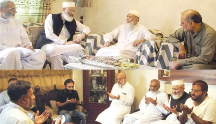 کراچی: امیر جماعت اسلامی پاکستان سراج الحق سید منور حسن کی رہائش گاہ پر ان سے ملاقات اور عیادت کررہے ہیں ، دوسری تصویر میں ادریس بختیار کے انتقال پر انکے صاحبزادوں سے تعزیت کے بعد دعائے مغفرت کررہے ہیں