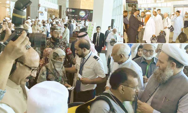 اسلام آباد/مدینہ منورہ :وزیر مذہبی امور نورالحق قادری عازمین حج کو رخصت کررہے ہیں چھوٹی تصویر میں سعودی عرب میں پاکستان کے سفیر راجا علی اعجاز اور ڈائریکٹر جنرل حج ساجد یوسفانی نے عازمین کا استقبال کر رہے ہیں