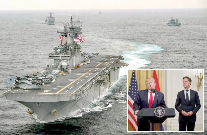 واشنگٹن: امریکی بحری بیڑا یوایس ایس باکسر خلیج فارس میں گشت کرہا ہے‘ صدر ڈونلڈ ٹرمپ وائٹ ہاؤس میں تقریب سے خطاب کررہے ہیں