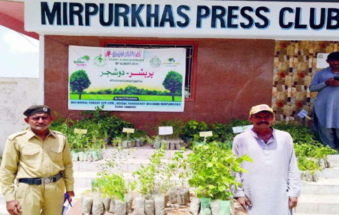 میرپورخاص،محکمہ جنگلات کی جانب سے پریس کلب پر شجرکاری مہم کے سلسلے میں شہریوں میں پودے تقسیم کیے جارہے ہیں