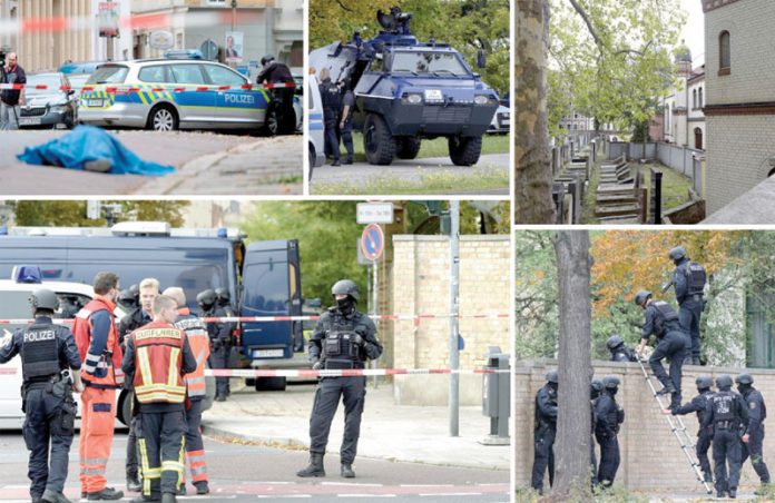 برلن: جرمن شہر ہالے میں یہودی معبد کے باہر فائرنگ کے بعد پولیس نے جائے وقوع کو سیل کردیا ہے‘ سڑک پر لاش پڑی ہے