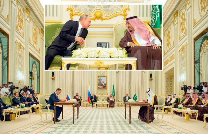 ریاض: سعودی عرب اور روس کے وزرا معاہدے پر دستخط کررہے ہیں‘ شاہ سلمان بن عبدالعزیز السعود اور صدر ولادیمیر پیوٹن بھی موجود ہیں